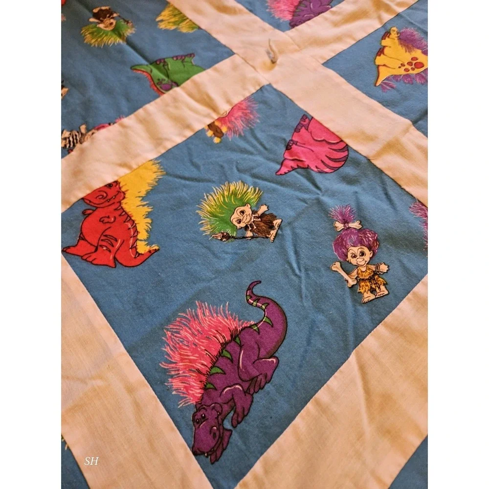 Vintage Trolls Quilt Handmade Patchwork Blanket Retro 90s Kids Throw Colorful